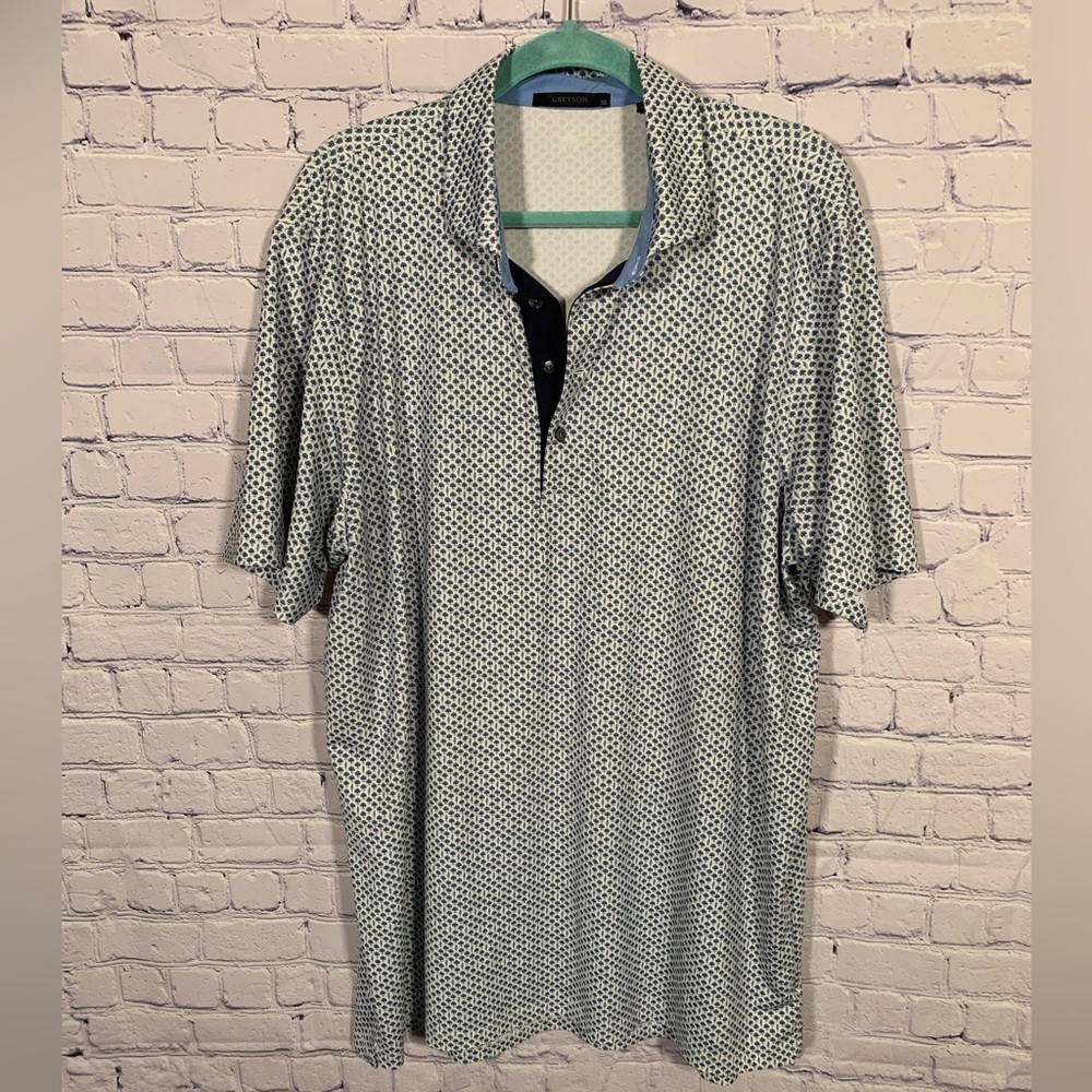 Greyson Mens Tree Print Short Sleeve Stretch Polo Blue Sz XL Golf Prep Preppy